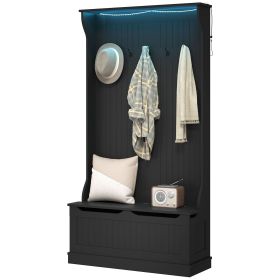 3-In-1 Entryway Bench with LED Lights and Coat Rack, Hall Tree with Bench and Shoe Storage, 5 Hooks for Hallway Black