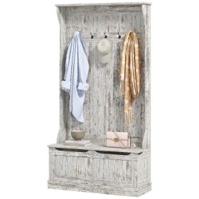 3-In-1 Entryway Bench with Coat Rack, Hall Tree with Bench and Shoe Storage, 5 Hooks for Hallway Distressed White |