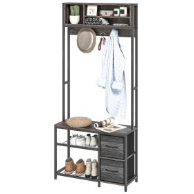 Hall Tree with Bench and Shoe Storage, 5-in-1 Entryway Bench with Coat Rack, 3 Storage Shelves, 2 Fabric Drawers, Gray