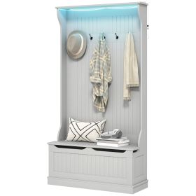 Entryway Hall Tree with Bench and Shoe Storage, 3-In-1 Storage Bench with LED Lights and 5 Coat Racks, Gray