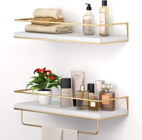 White Floating Shelves - Set of 2, Wall Mounted Hanging Shelves with Gold Towel Bar, Decorative Storage Shelves for Bathroom, Kitchen