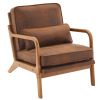 Modern Accent Chair with Oak Armrests Upholstered Single Leisure Lounge Chair with Orange Foil Fabric Cushion Indoor Reading Chair for Living Room Bed