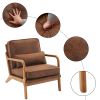 Modern Accent Chair with Oak Armrests Upholstered Single Leisure Lounge Chair with Orange Foil Fabric Cushion Indoor Reading Chair for Living Room Bed