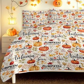 Pumpkin Autumn Leaves Design Quilt Set 3 Pieces All Seasons Bedding Quilt Bed Set with 2 Pillowcases for Kids Teens Adults Bedroom Decor Thanksgi (Color: Orange, size: King)